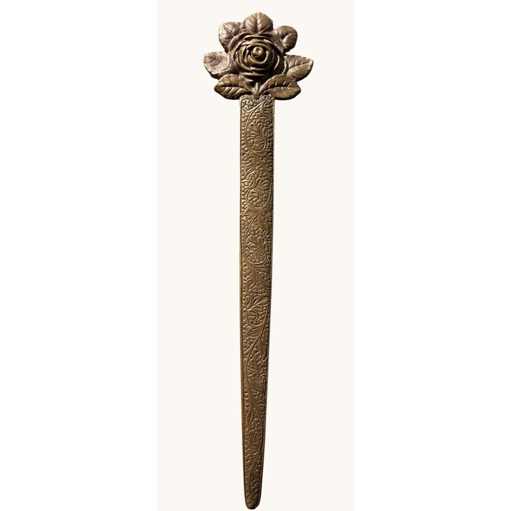 Vintage Indian Brass Rose Letter Opener Ornate Floral Etched Desk Decor 8.25"